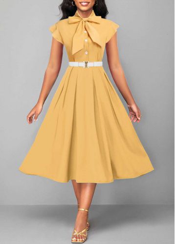 Light Yellow Button Short Sleeve Tie Collar Dress - unsigned - Modalova
