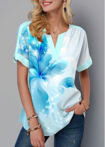 Blue Floral Print Short Sleeve Split Neck Blouse - unsigned - Modalova