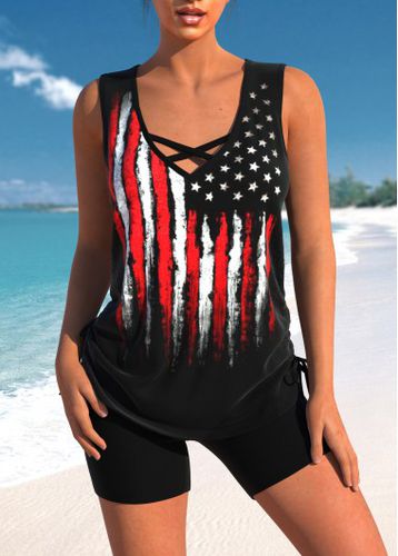 Criss Cross American Flag Print Black Tankini Top - unsigned - Modalova