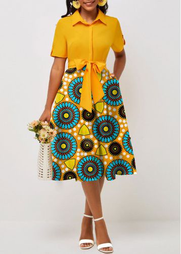 Yellow Pocket Tribal Print Belted Short Sleeve Dress - unsigned - Modalova