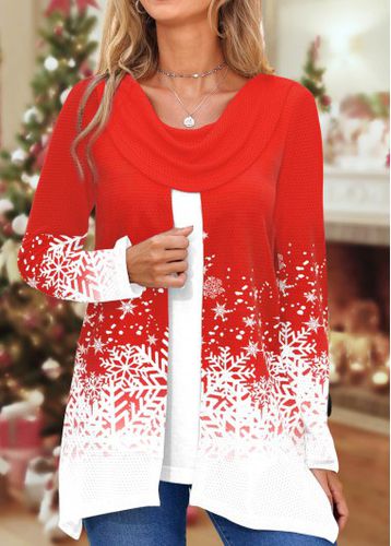 Red Fake 2in1 Snowflake Print Long Sleeve Sweatshirt - unsigned - Modalova