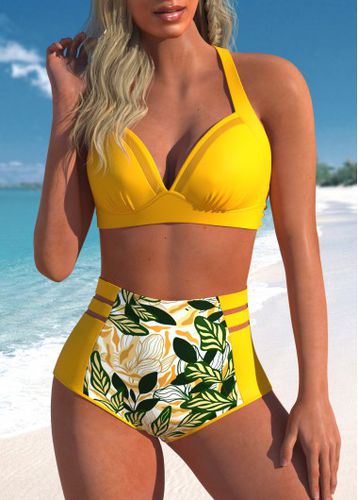 Mesh Leaf Print Yellow Bikini Top - unsigned - Modalova