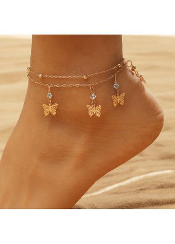 Gold Butterfly Rhinestone Layered Design Anklet - unsigned - Modalova