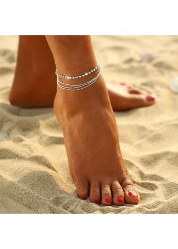 Silvery White Layered Rhinestone Beads Anklet - unsigned - Modalova