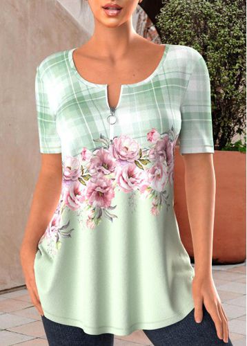 Light Green Zipper Floral Print T Shirt - unsigned - Modalova