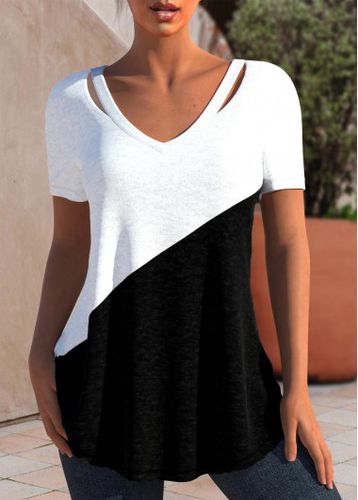Black Patchwork Short Sleeve V Neck T Shirt - unsigned - Modalova