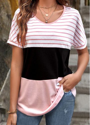 Pink Patchwork Striped Short Sleeve T Shirt - unsigned - Modalova