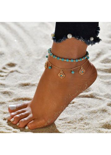 Golden Asymmetrical Beads Detail Anklet Set - unsigned - Modalova