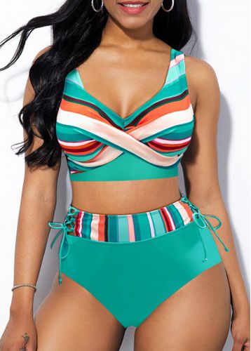 Criss Cross Striped Mint Green Bikini Top - unsigned - Modalova
