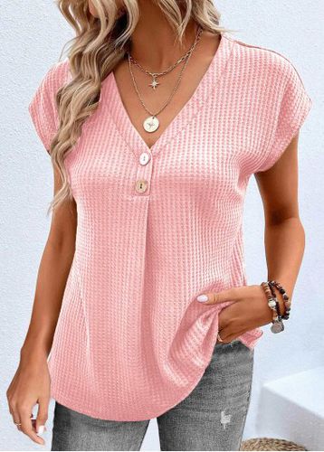 Pink Button Short Sleeve V Neck T Shirt - unsigned - Modalova