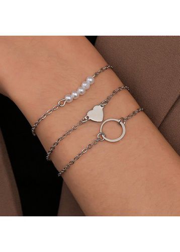 Silver Asymmetrical Design Pearl Detail Bracelet Set - unsigned - Modalova