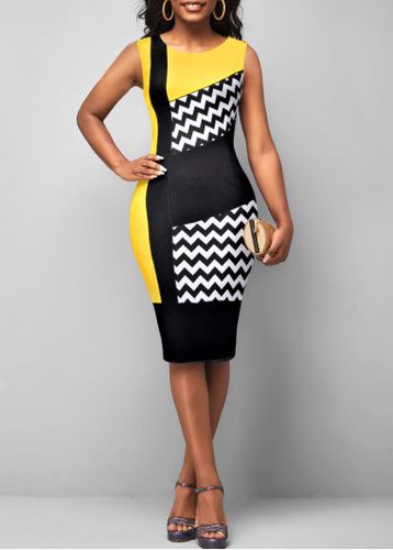 Yellow Geometric Print Sleeveless Round Neck Dress - unsigned - Modalova