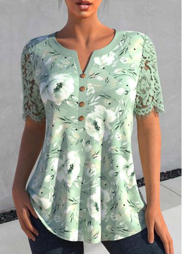Sage Green Lace Floral Print Short Sleeve Blouse - unsigned - Modalova