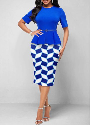 Royal Blue Fake 2in1 Geometric Print Belted Dress - unsigned - Modalova