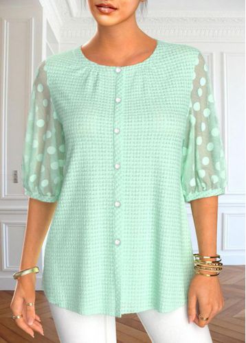 Mint Green Mesh Half Sleeve Round Neck Blouse - unsigned - Modalova