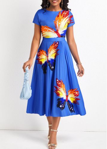 Sky Blue Pleated Butterfly Print Short Sleeve Dress - unsigned - Modalova
