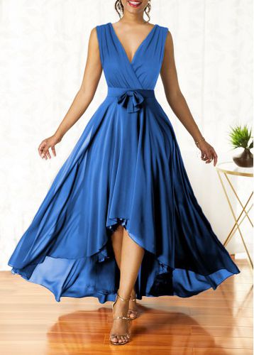 Blue Surplice High Low Belted Sleeveless Dress - unsigned - Modalova