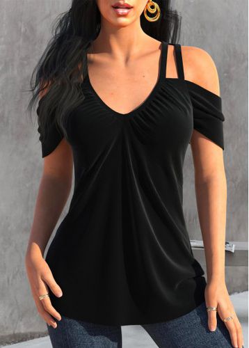 Black Ruched Short Sleeve V Neck T Shirt - unsigned - Modalova