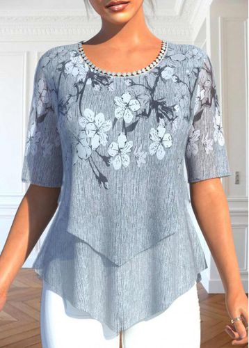 Grey Layered Floral Print Half Sleeve Blouse - unsigned - Modalova