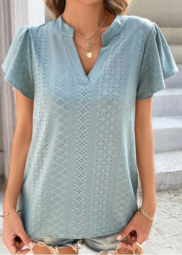 Dusty Blue Short Sleeve Split Neck T Shirt - unsigned - Modalova