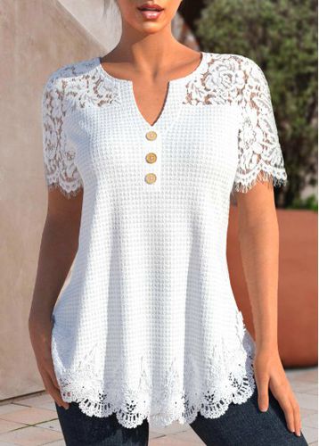 White Lace Short Sleeve Split Neck T Shirt - unsigned - Modalova