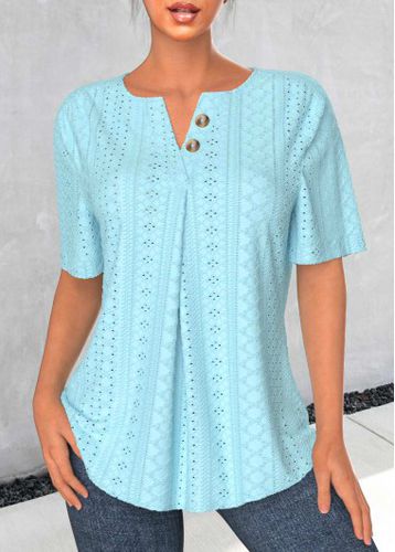 Light Blue Button Short Sleeve Split Neck Blouse - unsigned - Modalova