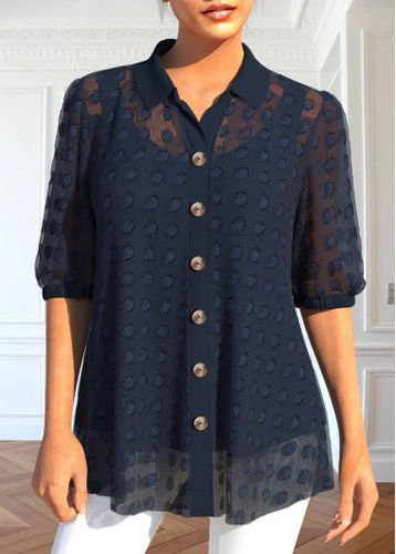 Navy Button Half Sleeve Shirt Collar Blouse - unsigned - Modalova