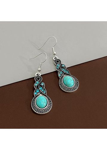 Tribal Design Turquoise Oval Metal Earrings - unsigned - Modalova