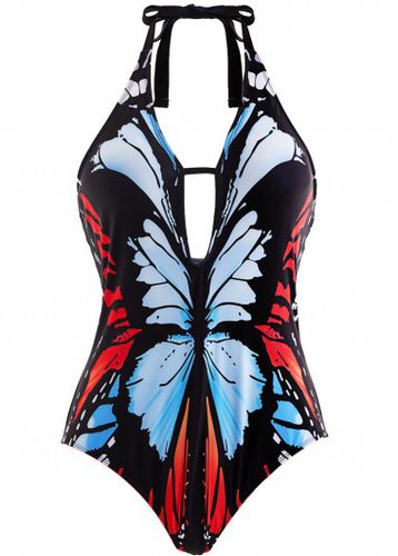 Butterfly Print Halter One Piece Swimwear - unsigned - Modalova