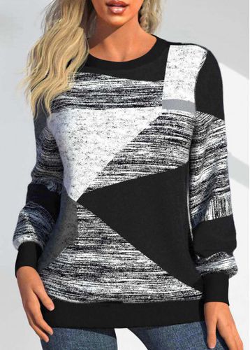 Black Patchwork Geometric Print Long Sleeve Round Neck Sweatshirt - unsigned - Modalova