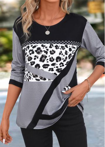 Grey Patchwork Leopard Long Sleeve Round Neck T Shirt - unsigned - Modalova