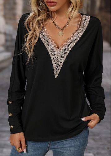 Black Button Long Sleeve V Neck T Shirt - unsigned - Modalova