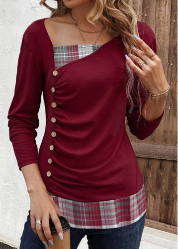 Deep Red Patchwork Plaid Long Sleeve Asymmetrical Neck Sweatshirt - unsigned - Modalova