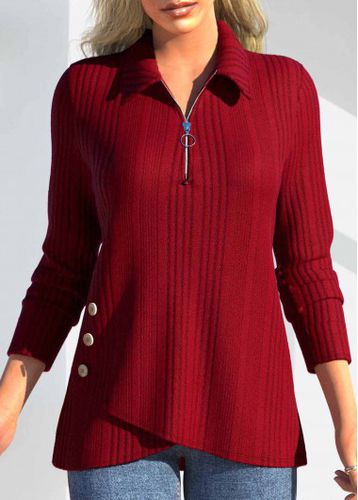 Red Zipper Long Sleeve Polo Collar T Shirt - unsigned - Modalova