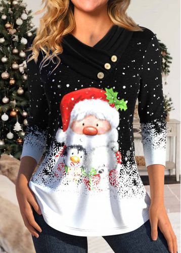Black Button Santa Claus Print Long Sleeve T Shirt - unsigned - Modalova