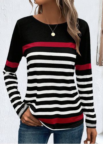 Black Patchwork Striped Long Sleeve Round Neck Sweatshirt - unsigned - Modalova