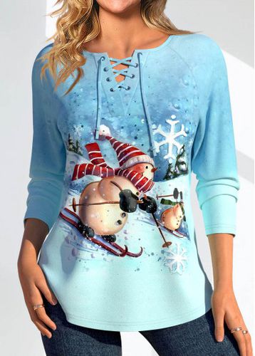 Christmas Light Blue Snowman Print Long Sleeve T Shirt - unsigned - Modalova
