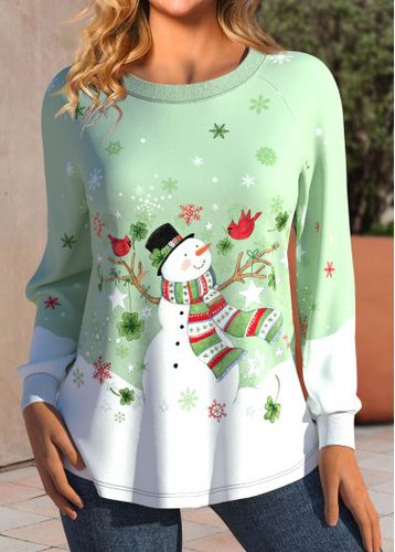 Light Green Patchwork Snowman Print Long Sleeve T Shirt - unsigned - Modalova