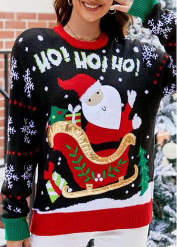 Christmas Black Santa Claus Print Long Sleeve Round Neck Sweater - unsigned - Modalova