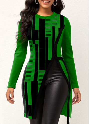 Green Geometric Print Long Sleeve T Shirt - unsigned - Modalova