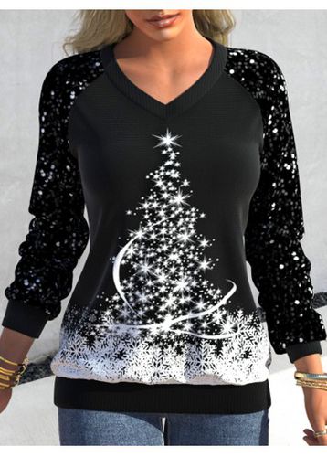 Black Sequin Christmas Tree Print Long Sleeve Sweatshirt - unsigned - Modalova