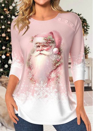 Christmas Light Pink Button Santa Claus Print T Shirt - unsigned - Modalova