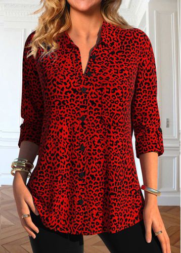 Red Button Leopard Long Sleeve Shirt Collar Blouse - unsigned - Modalova