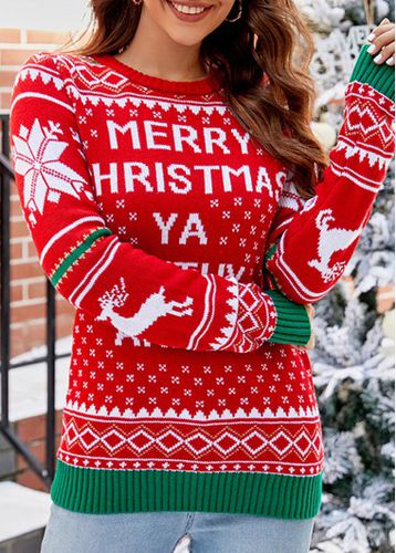 Christmas Red Letter Print Long Sleeve Round Neck Sweater - unsigned - Modalova