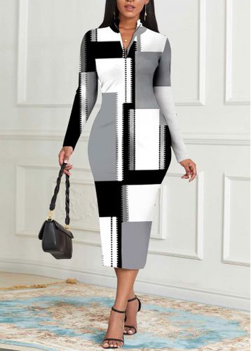 Grey Zipper Geometric Print Long Sleeve Bodycon Dress - unsigned - Modalova