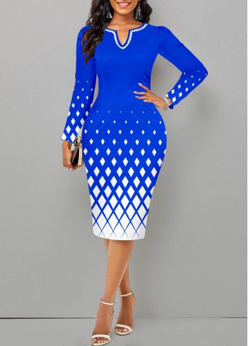 Royal Blue Split Geometric Print Long Sleeve Dress - unsigned - Modalova