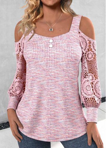 Light Pink Patchwork Long Sleeve Square Neck T Shirt - unsigned - Modalova