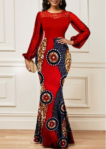 Red Lace Tribal Print Long Sleeve Maxi Bodycon Dress - unsigned - Modalova