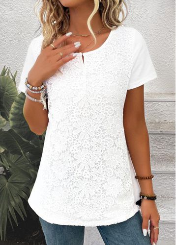White Embroidery Short Sleeve Round Neck T Shirt - unsigned - Modalova