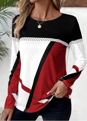 Wine Red Patchwork Geometric Print Long Sleeve T Shirt - unsigned - Modalova